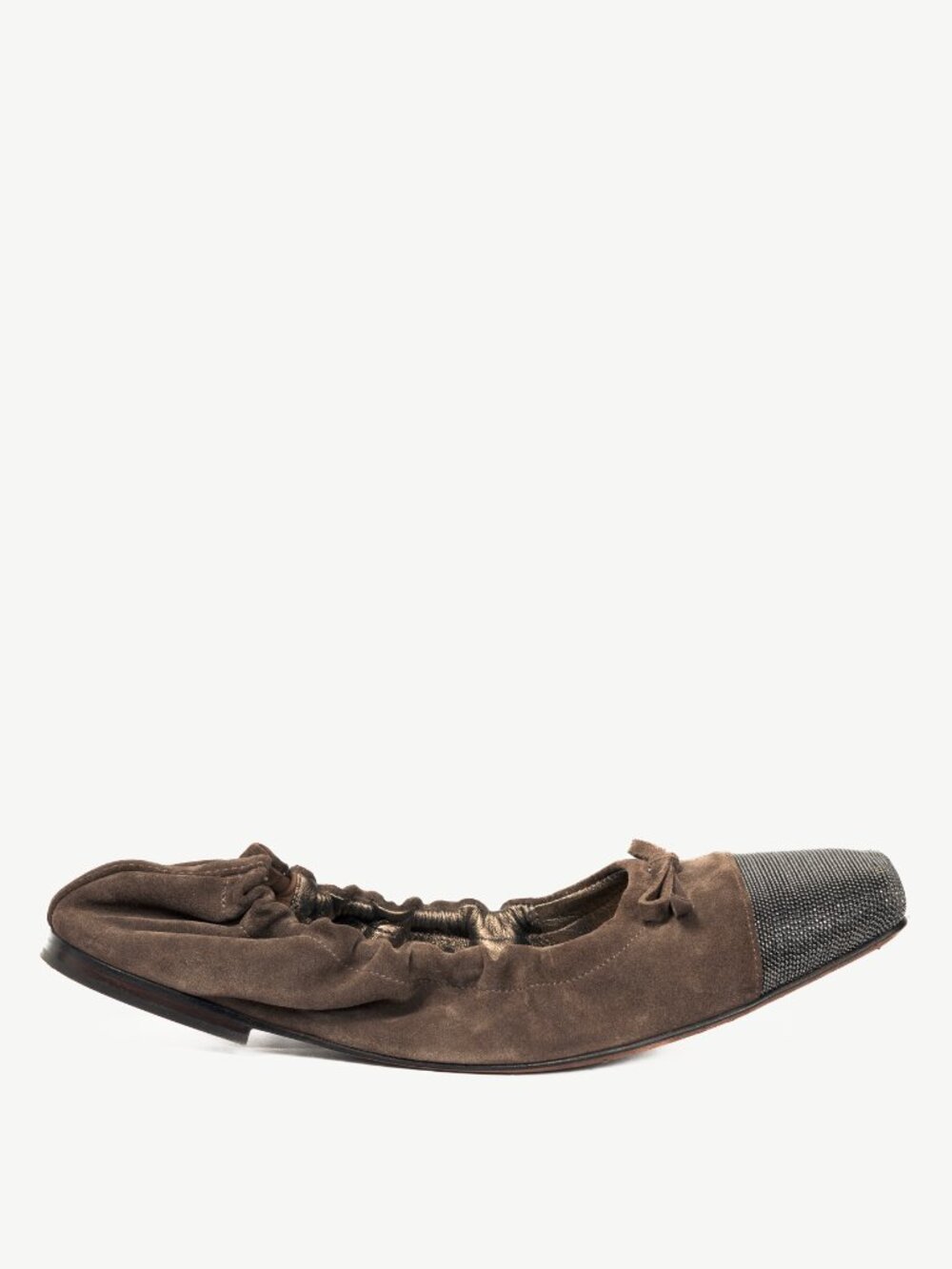 Brunello Cucinelli Brown Suede Monili-Cap-Toe Bow Flats - Picture 2 of 10
